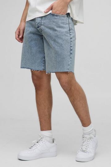 Straight Fit Washed Raw Hem Denim Shorts antique blue