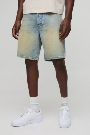 Relaxed Fit Extreme Washed Raw Hem Denim Shorts stonewash