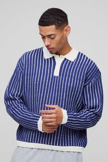 Oversized Gestreepte Gebreide Boxy Polo navy