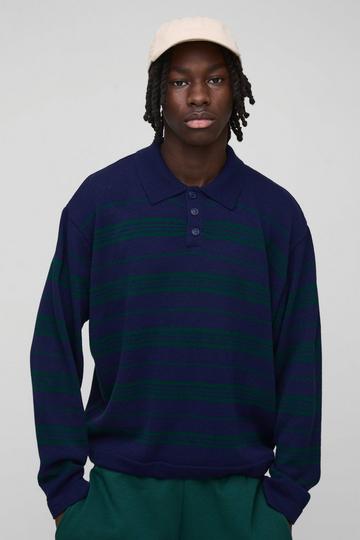 Oversized Striped Knitted Polo navy