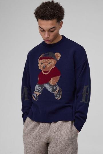 Oversized Boxy Teddy Knitted Jumper navy