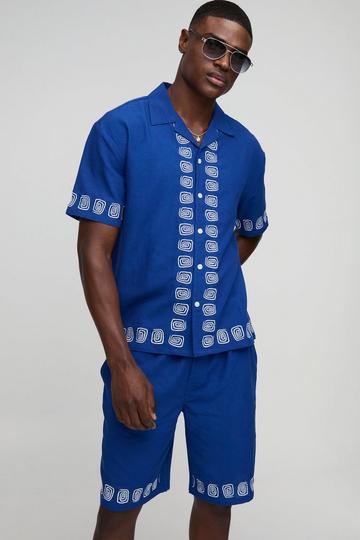 Oversized Embroidery Linen Blend Shirt & Short Set blue