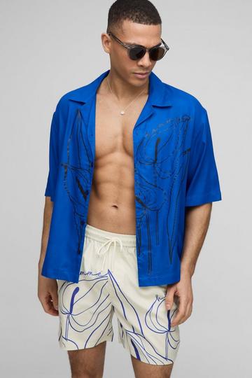 Oversized Bloemen Lijntekening Overhemd Met Revers Kraag En Zwembroek Set blue