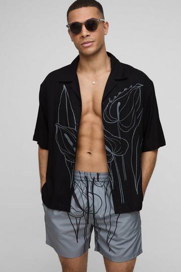 Oversized Floral Line Printed Revere Shirt & Swim Set charcoal