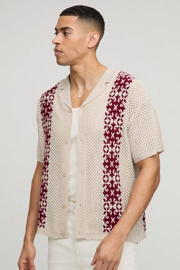 Relaxed Fit Crochet Look Border Stripe Knitted Shirt ecru