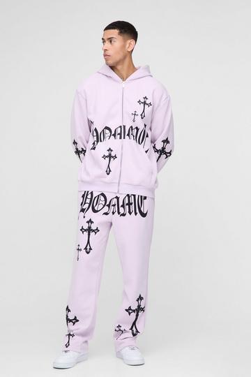 Oversized Homme Cross Zip Hooded Tracksuit purple