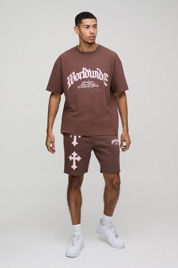 Oversized Cross Applique T-Shirt & Short Set brown