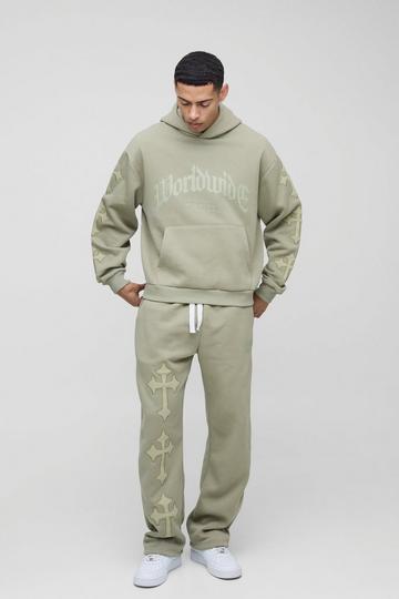 Oversized Boxy Cross Applique Hooded Tracksuit sage