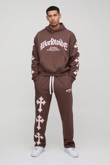 Oversized Boxy Cross Applique Hooded Tracksuit brown