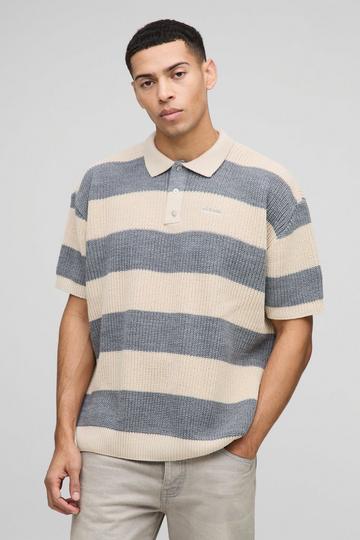 Oversized Embroidered Striped Short Sleeve Knitted Polo grey