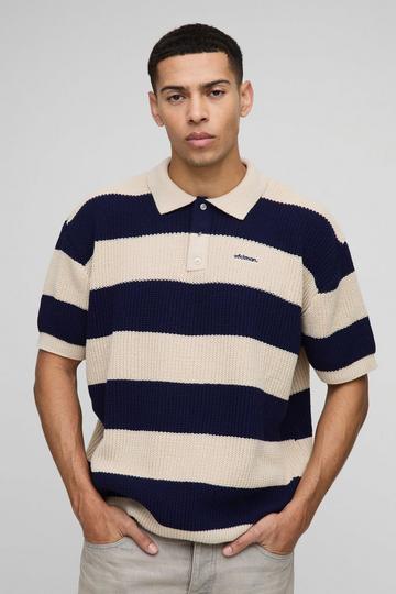 Oversized Gebreide Geborduurde Gestreepte Polo Met Korte Mouwen navy