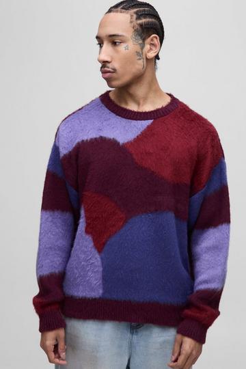 Oversized Boxy Abstract Fluffy Knitted Jumper purple