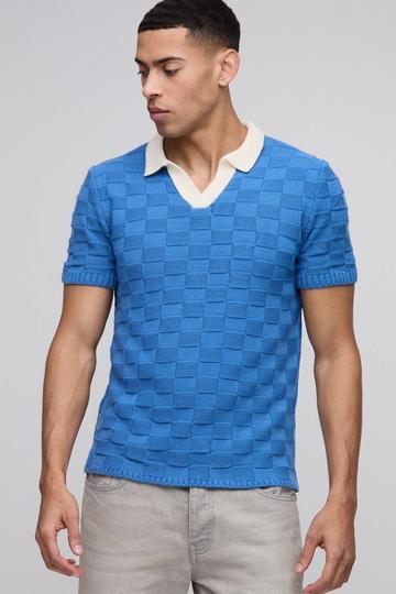 Regular Fit V Neck Check Knitted Polo blue