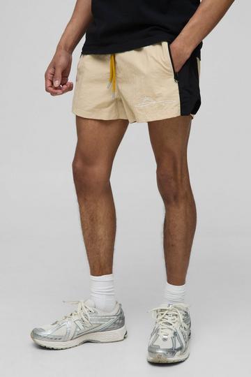 Elasticated Waist Crinkle Nylon Embroidery Fighter Shorts ecru