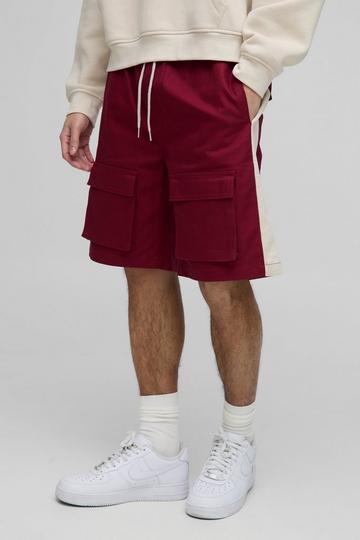 Elasticated Waist Relaxed Mid Length Cargo Shorts burgundy