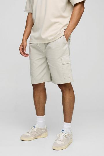 Elasticated Waist Canvas Overdye Relaxed Mid Length Cargo Shorts stone