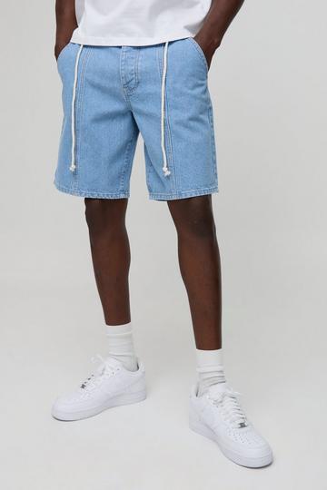 Relaxed Pintuck Light Washed Blue Denim Belted Shorts ice blue