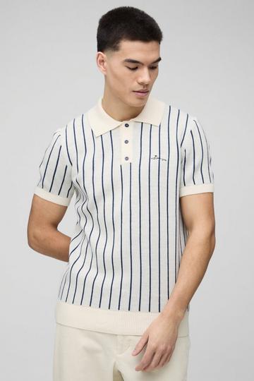 Regular Fit Short Sleeve Striped Knitted Polo ecru