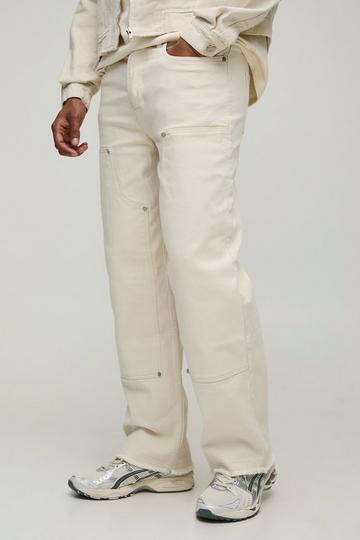 Ecru White Relaxed Herringbone Twill Carpenter Trousers