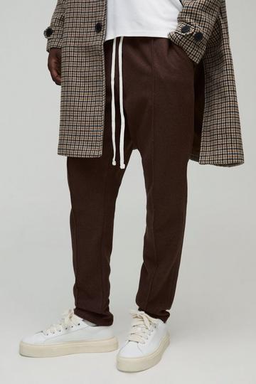 Elasticated Waist Tapered Wool Look Pintuck Trousers brown