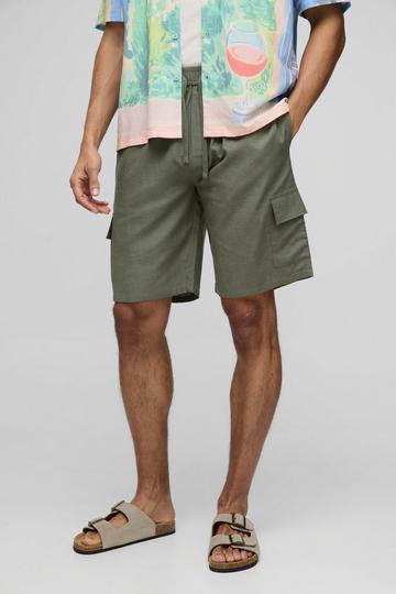 Khaki Elasticated Waist Relaxed Fit Mid Length Linen Blend Cargo Short