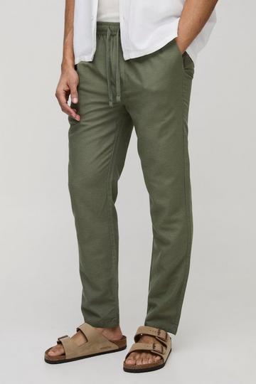 Korte Linnen Slim Fit Broek Met Elastische Taille khaki