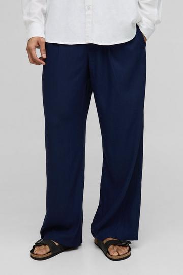 Half & Half Waistband Wide Fit Pleat Front Linen Blend Trousers navy