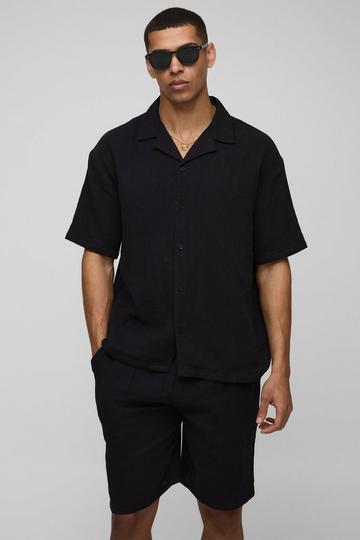 Oversized Kaasdoek Overhemd Met Revers Kraag En Baggy Shorts Set black