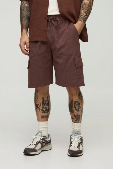 Baggy Seersucker Cargo Broek Met Elastische Taille brown