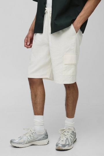 Baggy Seersucker Cargo Broek Met Elastische Taille ecru