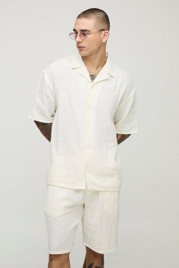 Oversized Kaasdoek Overhemd Met Revers Kraag En Baggy Shorts Set ecru