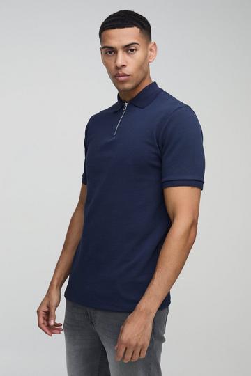 Slim Fit Smart Pique Interlock Zip Polo Shirt navy
