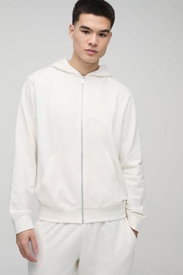 Ecru White Regular Fit Basic Lightweight Zip Through Hoodie