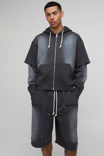 Charcoal Grey Oversized Boxy Zip Through Washed Carpenter Jort Tracksuit