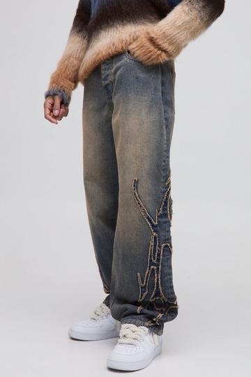 Beige Relaxed Fit Stone Washed Tribal Applique Jeans
