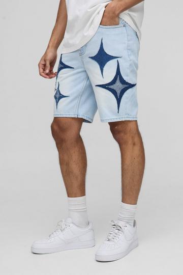 Straight Fit Light Blue Star Applique Denim Shorts light blue