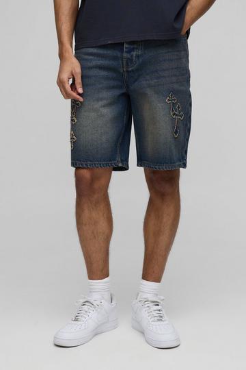 Baggy Vintage Blauwe Denim Shorts Met Kruis antique blue