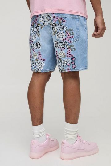 Relaxed Floral Embroidered Light Blue Denim Shorts light blue