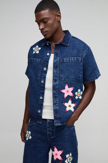 Boxy Revere Star Crochet Applique Denim Shirt mid blue