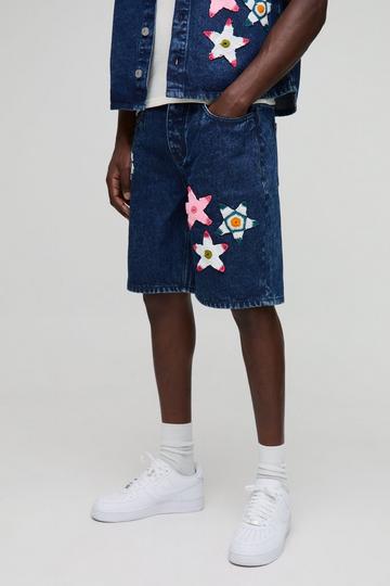 Relaxed Fit Star Crochet Denim Shorts mid blue