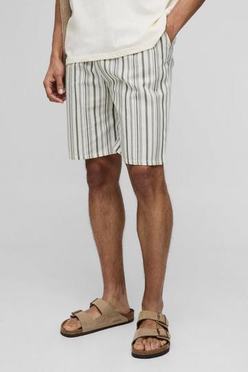 Elasticated Waist Relaxed Short Length Striped Linen Look Shorts sage