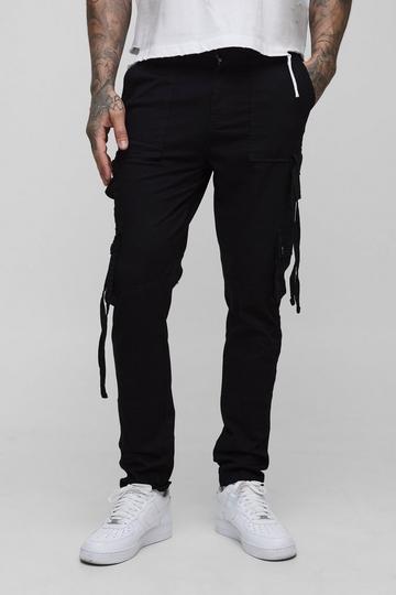 Tall Fixed Waist Multi Cargo Strap Detail Skinny Cargo Trousers black