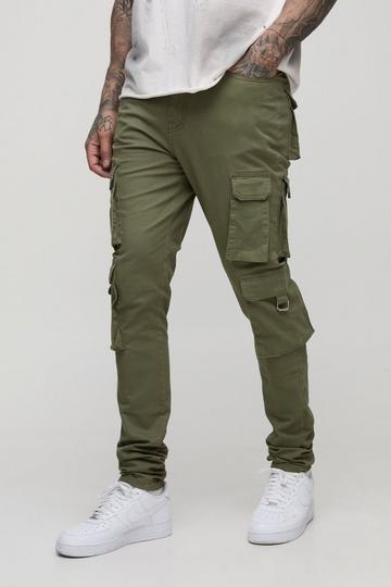 Tall Fixed Waist Multi Cargo Stacked Skinny Cargo Trousers khaki