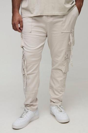 Stone Beige Plus Fixed Waist Multi Cargo Strap Detail Skinny Cargo Trousers
