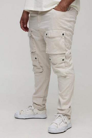 Stone Beige Plus Fixed Waist Multi Cargo Skinny Cargo Trousers