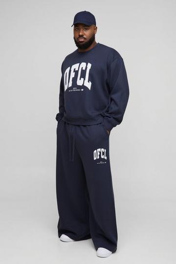 Plus OFCL Boxy Distressed Applique Sweater & Extreme Wide Leg Jogger Tracksuit navy