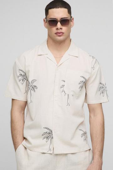 Oversized Linen Blend Palm Printed Short Sleeve Shirt ecru