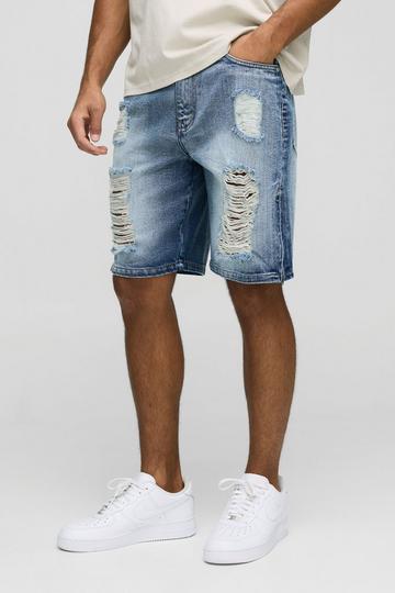 Relaxed Long Length Extreme Ripped Zip Denim Shorts vintage blue