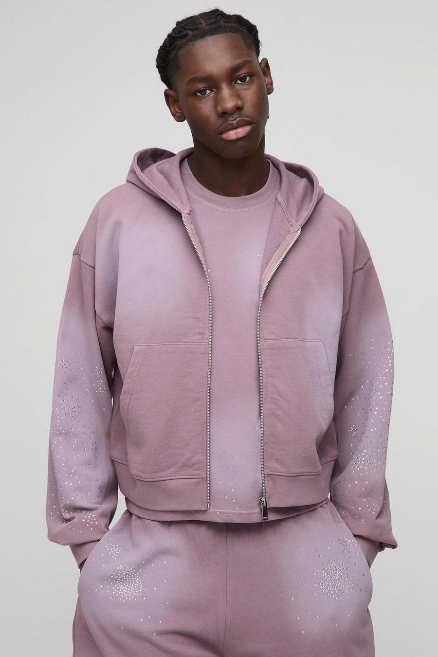 Shrunken Fit Washed Rhinestone Zip Through Hoodie | boohoo AU Shrunken Fit Washed Rhinestone Zip Through Hoodie | boohoo AU
