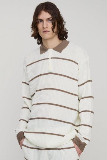 Tall Stripe Knitted Oversized Rugby Polo ecru